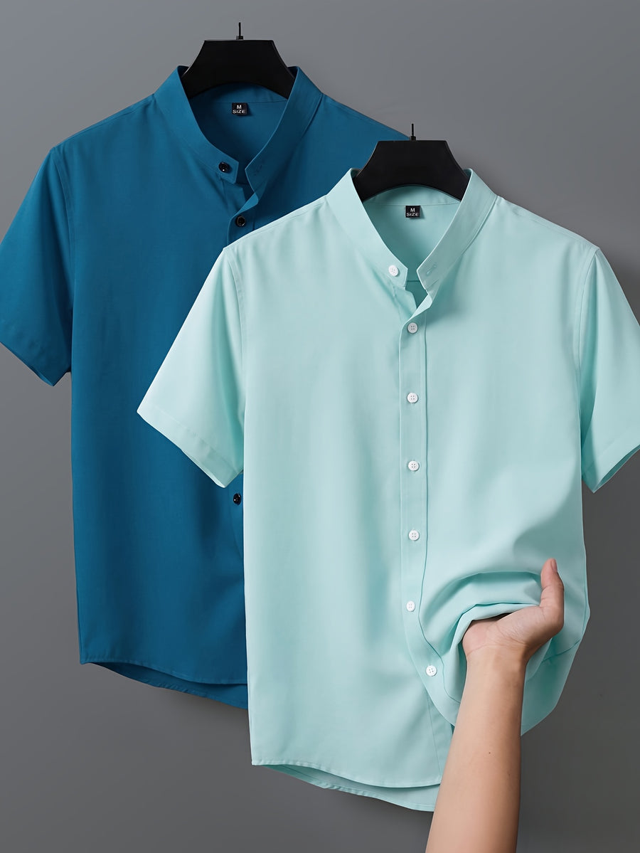 2pcs Men's Short-Sleeve Shirts, Henley/Stand-Up Collar Design, Summer Casual Outerwear - 14