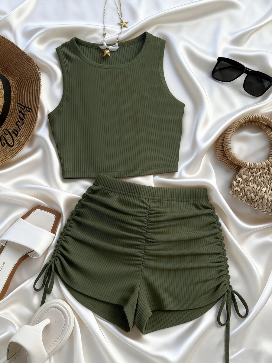 Women'S Fashion Solid Color Shorts And Vest 2pcs Set, Solid Color Drawstring Design, Suitable for Sports And Daily Outings - Green