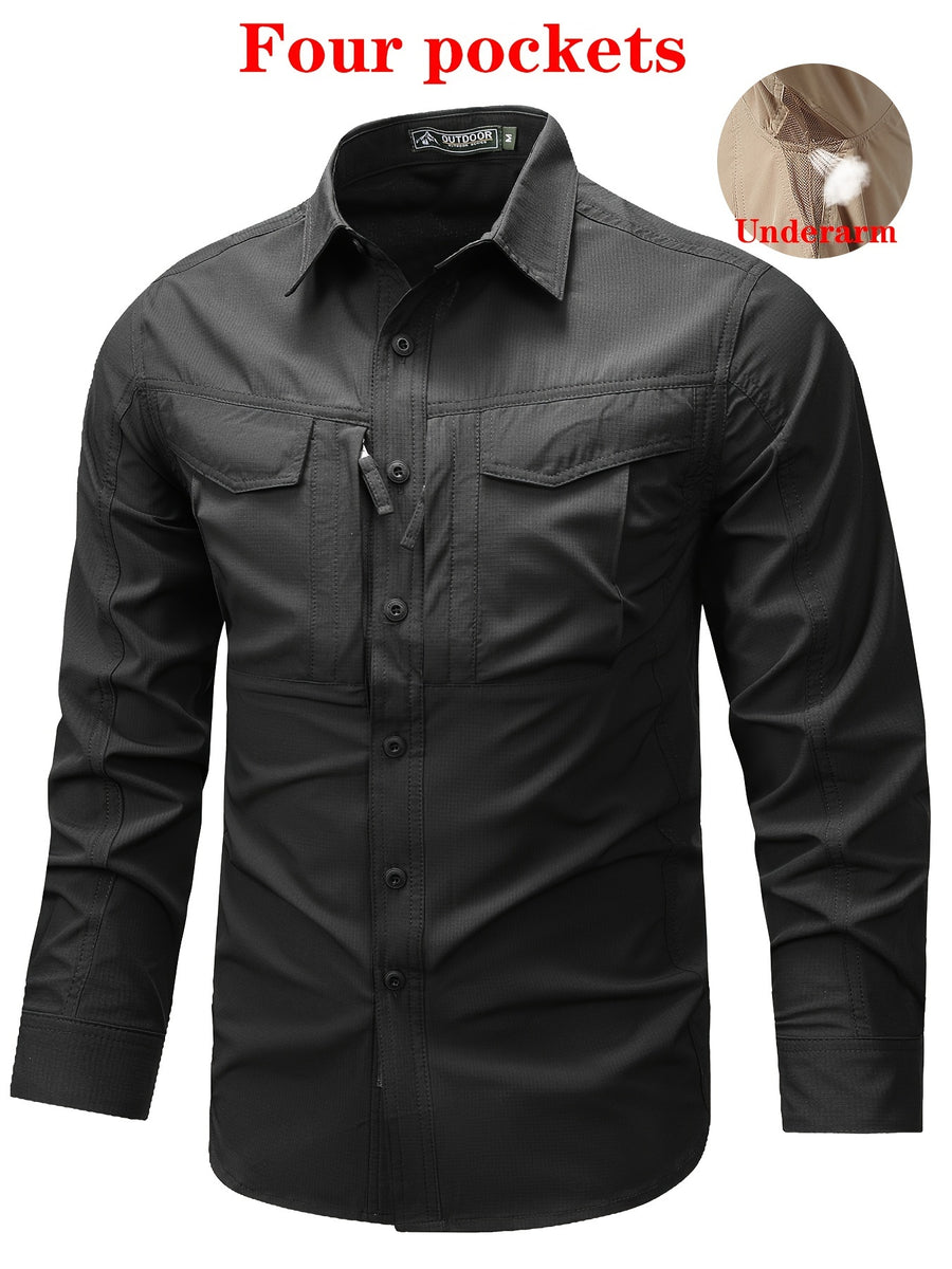 Outdoor Multi-pocket Functional Combat Quick-drying Shirt Casual Quick-drying Sports Shirt Thin Style with Four Chest Pockets and Armpit Ventilation Holes, Hunting - Black