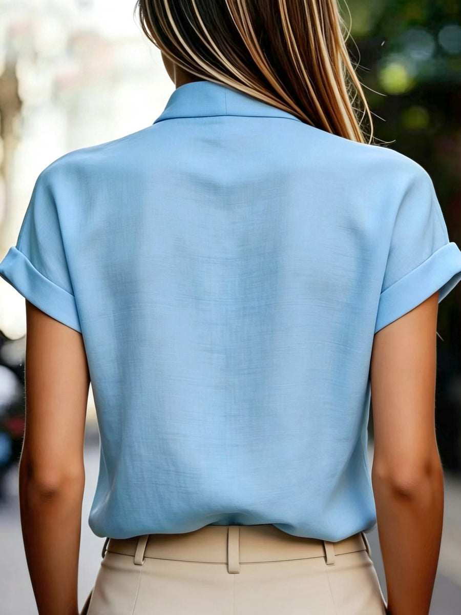 Spring and Summer Korean Style Easy V-Neck Ruffled Sleeve Shirt - Light Blue