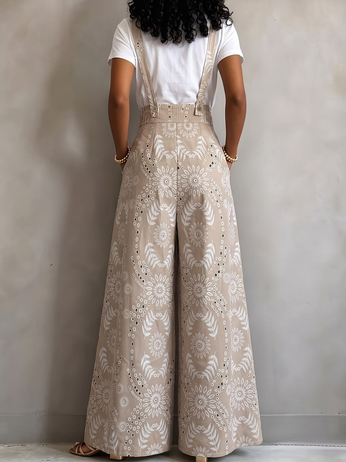 New 2026 Spring/Summer Ethnic Floral Print High-Waist Suspender Wide-Leg Pants for Women. Features a Built-in Back Zipper for a Loose, Figure-flattering Fit. Includes a Hidden Side Waist Zipper and Practical Side Pockets for Storing Small Items. - Khaki
