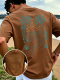 Men'S New Pure Short Sleeve Round Neck T-Shirt Palm Tree Tropical Coast Sunset Print Comfortable Soft Breathable Suitable for Casual Summer Essential - Coffee Brown