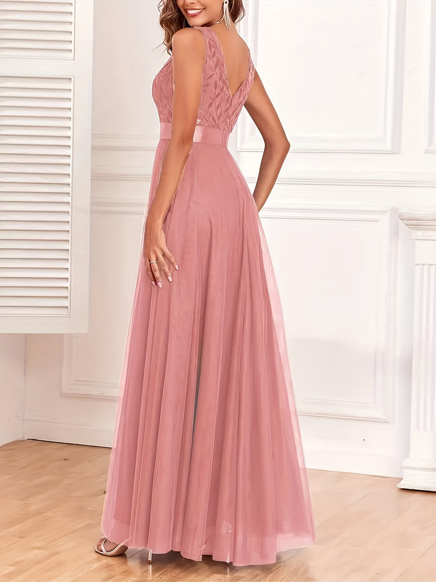 Fashionable Sexy New Women'S Sequin Mesh Patchwork A-Line Party Dress - Peach