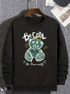 Fashionable Men'S Crew Neck Sweatshirt, Long Sleeve Crew Neck Sweatshirt with Heat Transfer Print, Personalized Graffiti Bear Print - Black