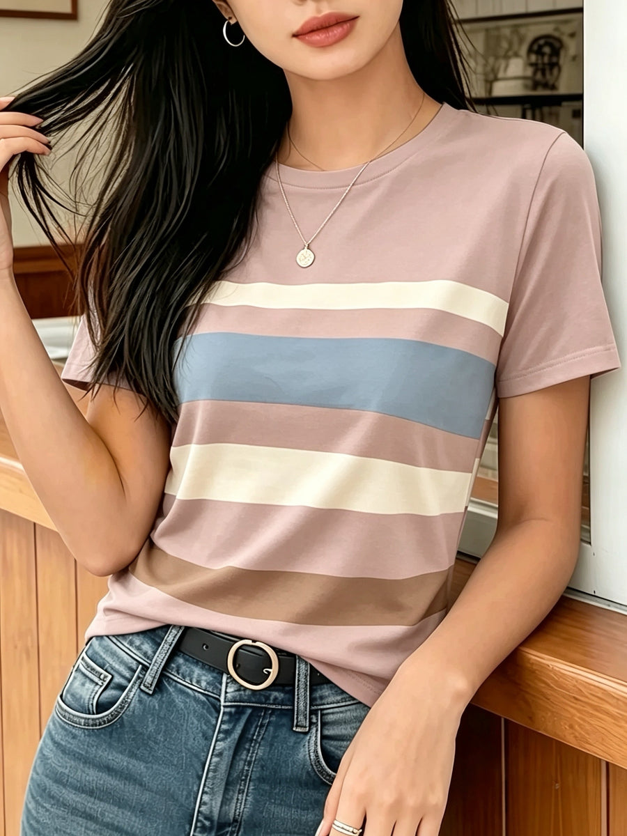 [Printed Design Texture] Women'S Korean-Style Blogger'S Colorful Striped T-Shirt, a Versatile Basic Short-Sleeve Top That Flatters The Figure And Is Suitable for All Body Types, a New Summer 2026 Model for Commuting And Casual Wear - Multicolor 7