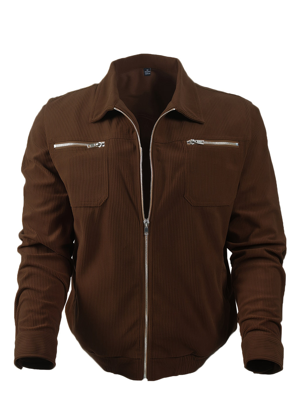 Men's Casual Long Sleeve Shirt Autumn Winter Solid Color Corduroy Zip-Up Jacket Vintage Style Top - Coffee Color