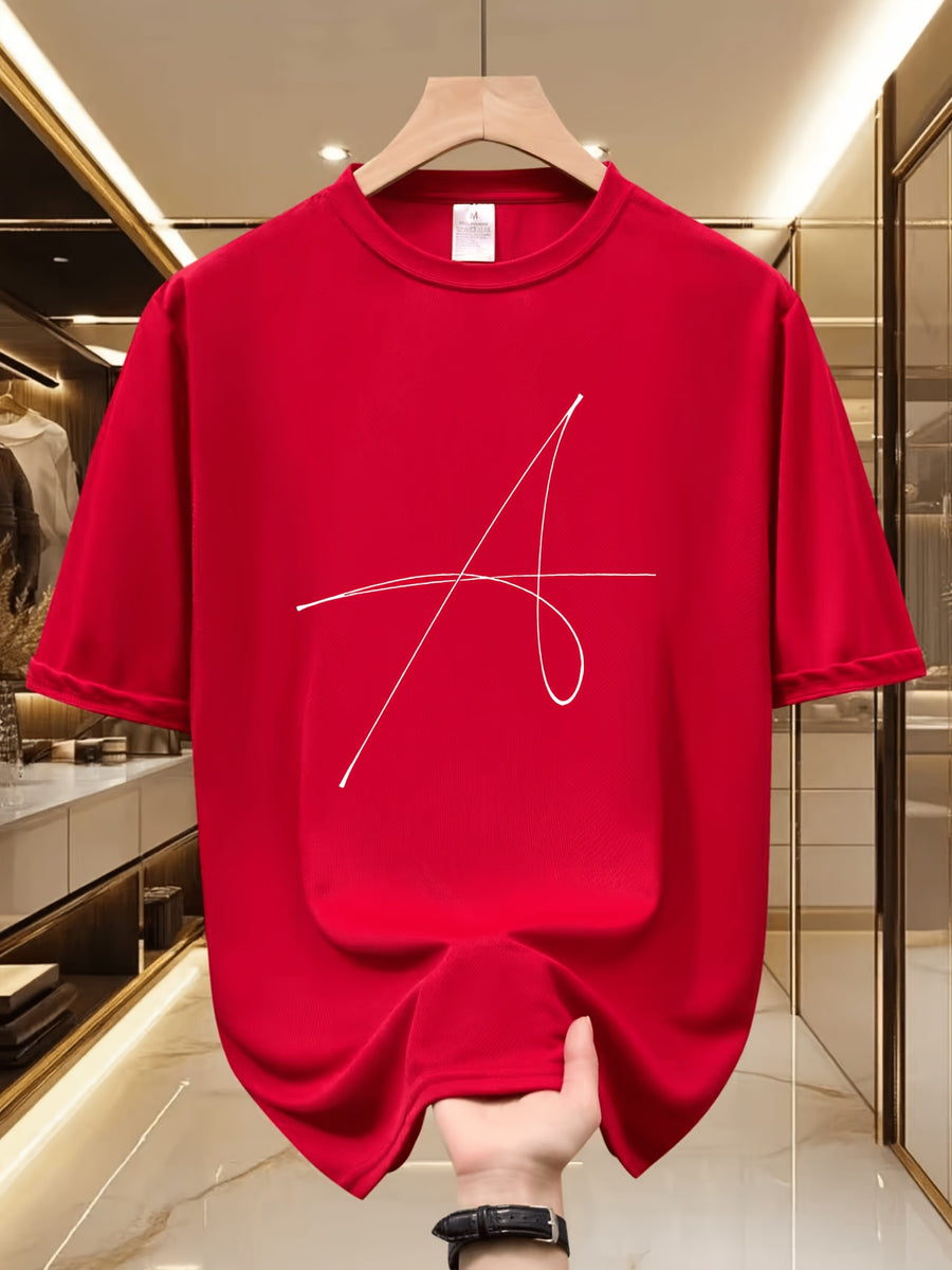 Handwritten Style Letter A Print T-Shirt, Minimalist Line Short Sleeve - Red