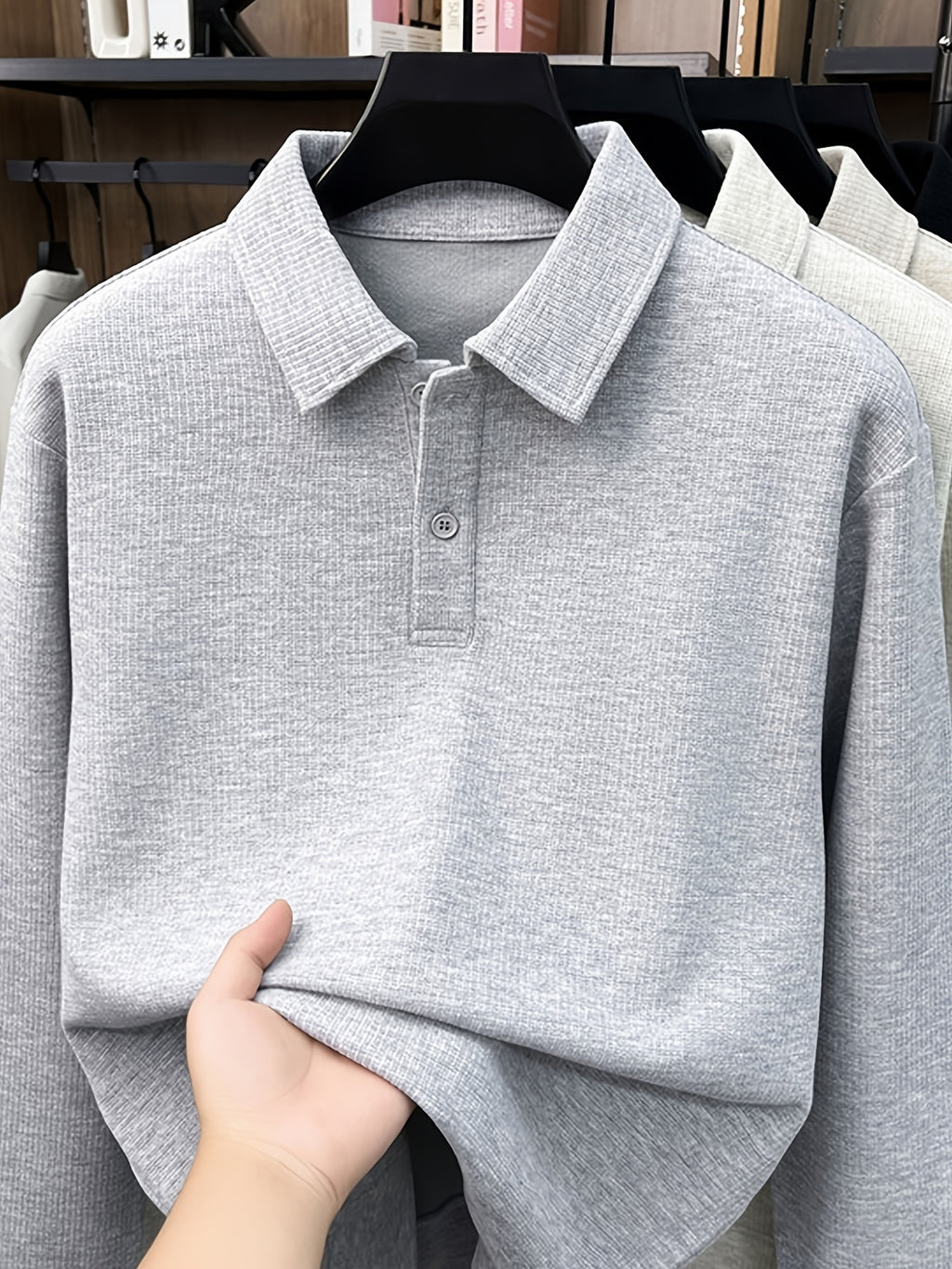 Men's Autumn/Winter Thick Long-Sleeve Polo Shirt, Lapel Collar, Two-Button Placket, Understated and Premium, Suitable for All Ages - SINBOS - Medium Gray