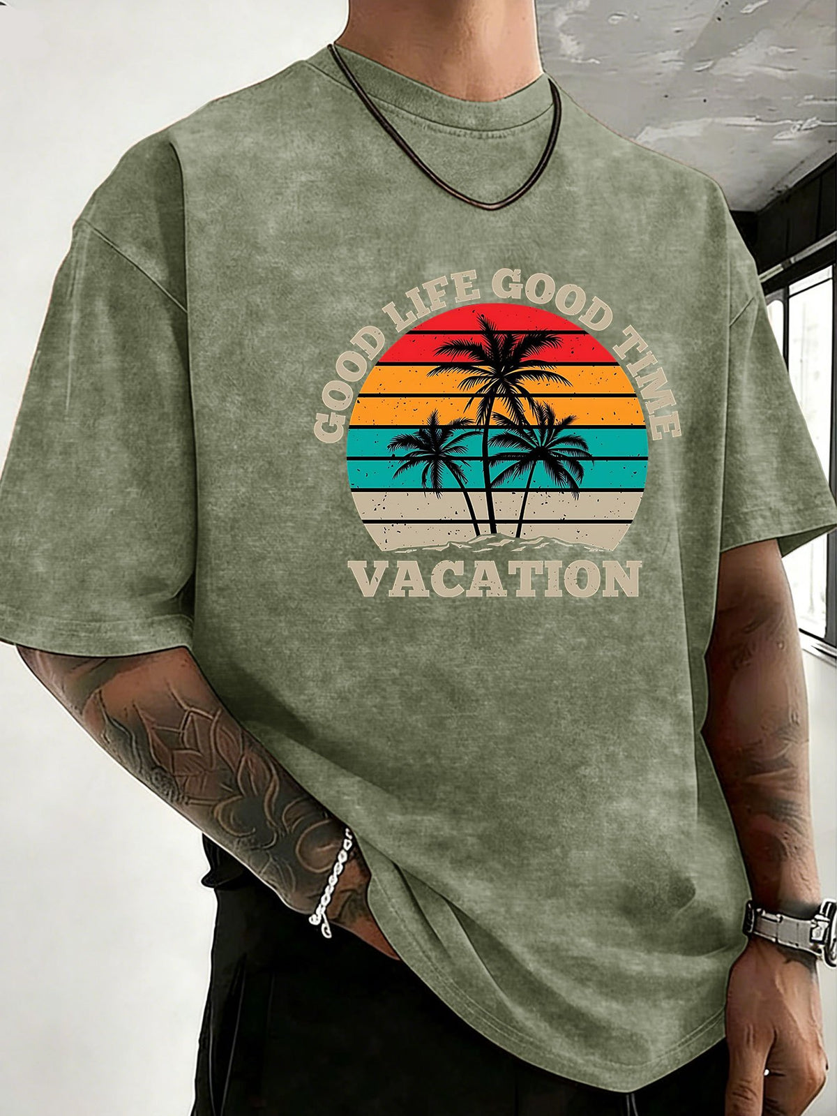 Loose Short Sleeve T-Shirt Men'S Heavyweight Pure Washed Distressed Top Trendy Double-Sided Print 12 Colors Free to Match Street Hip-Hop Style Casual Outing Sports Fitness Commuting Couple Style American Street Short Sleeve - Olive Green