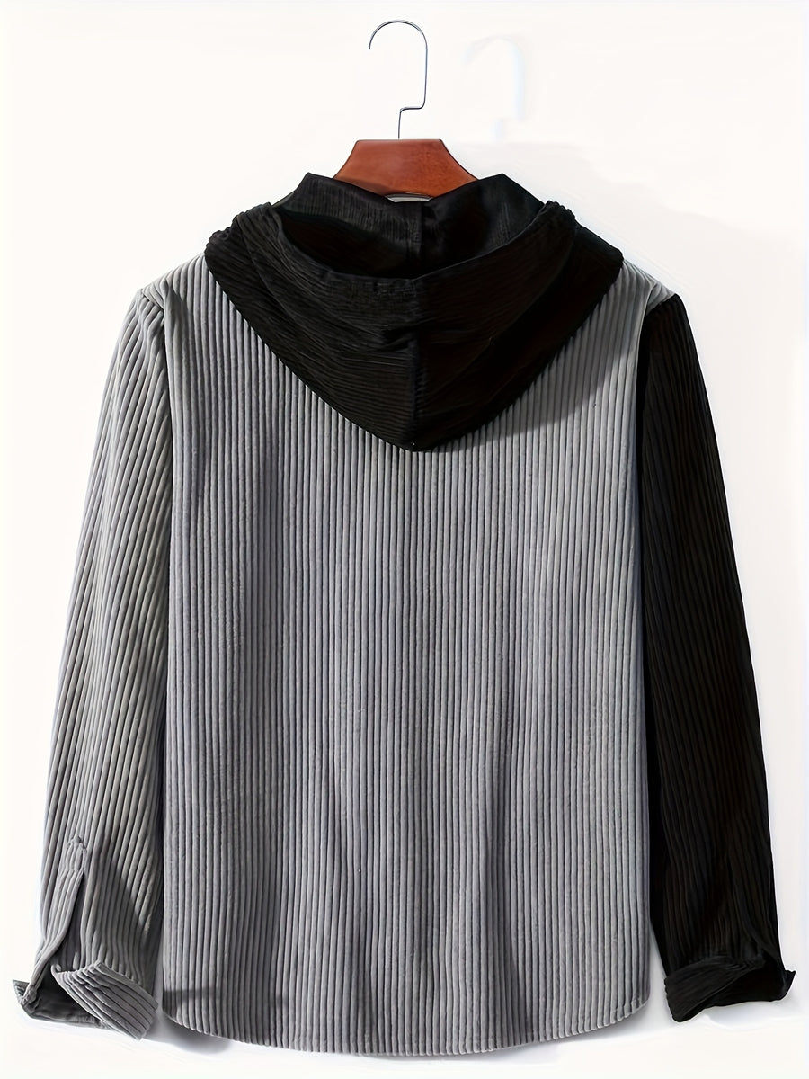 Men's Solid Color Patchwork Spring-Autumn Fashion Long-Sleeved Hooded Shirt Sweater Coat - Silvery Grey