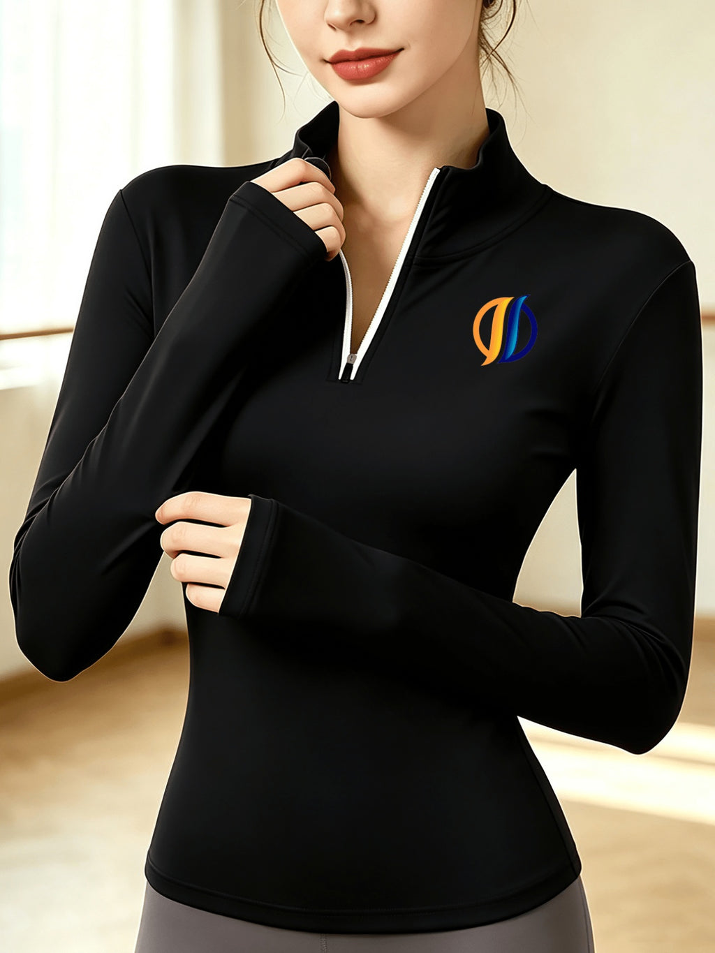 Women'S Solid Color Half-Zipper Long Sleeve Top, Waist-Cinching Warm T-Shirt - Black