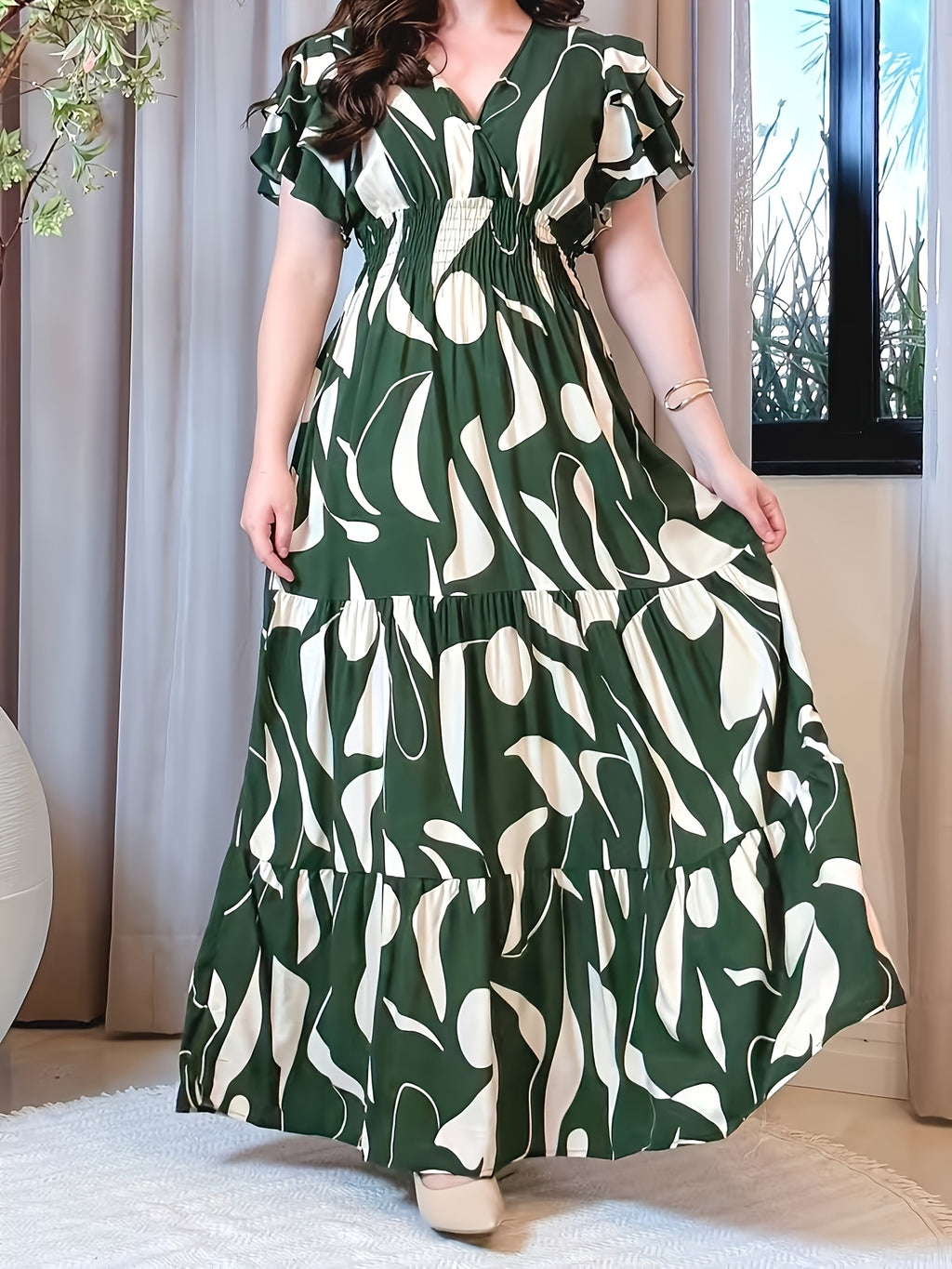 Women'S Elegant Summer Puff Sleeve Cross Neck Waist-Defining Cake Dress, Elegant Orientation - Green