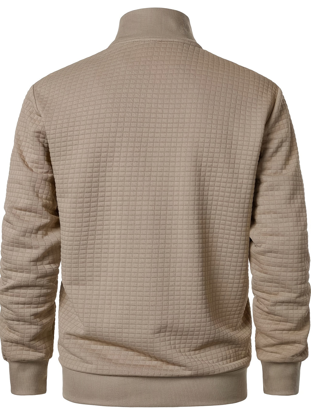 Spring/Autumn New Men's Solid Color Lapel Waffle Knit Long Sleeve Zipper Jacket, Comfortable and Breathable Outdoor Sports Men's Outerwear, Practical Jacket - Khaki