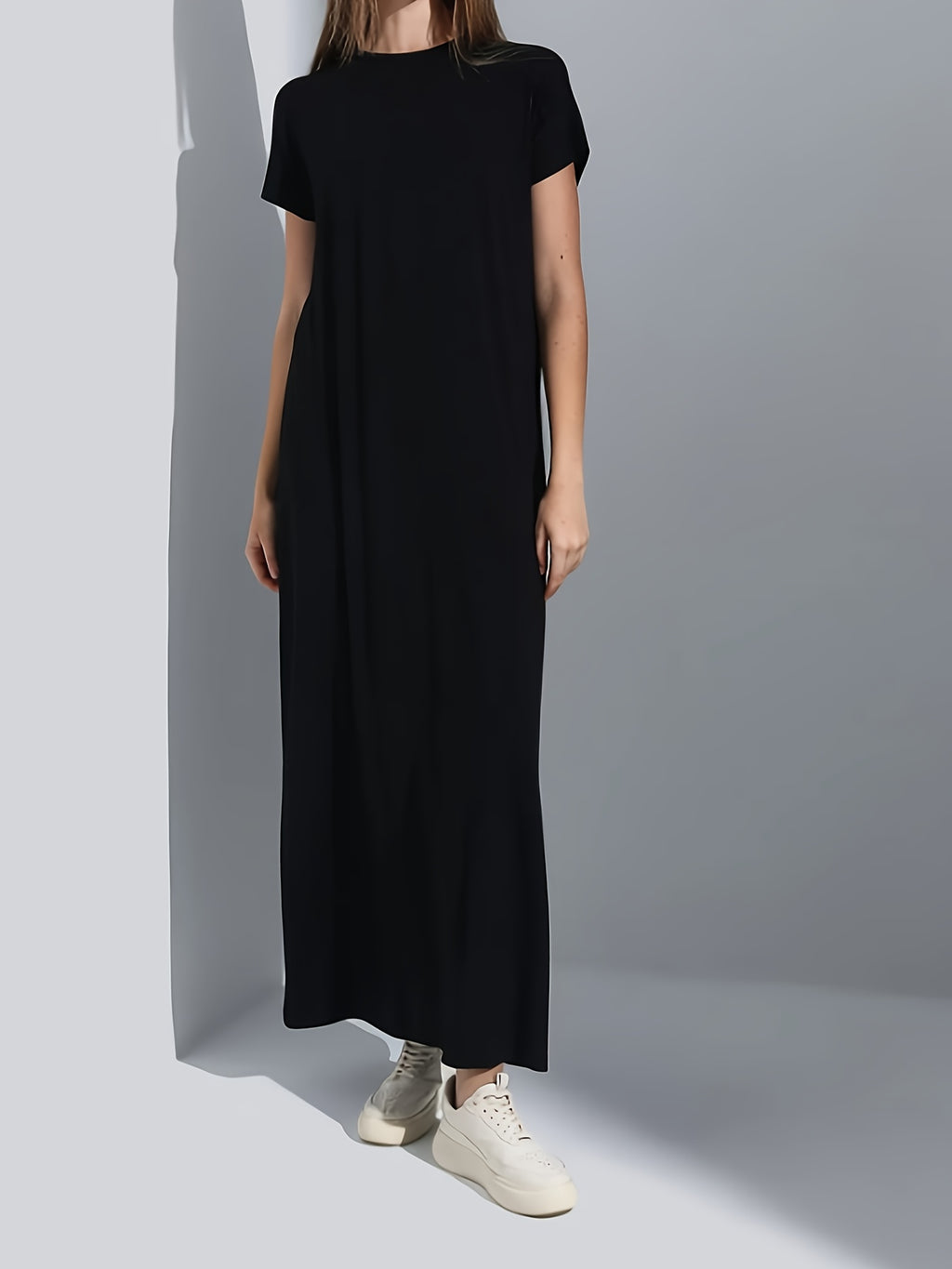 Plus Size, Fashion Casual Short-sleeve Round-neck Long Dress with Pockets, Solid Color, for Spring and Summer - Black