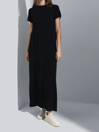 Plus Size, Fashion Casual Short-sleeve Round-neck Long Dress with Pockets, Solid Color, for Spring and Summer - Black