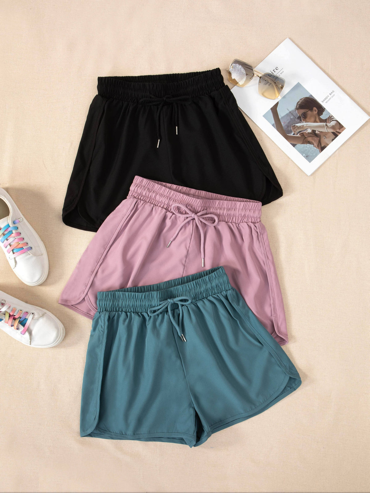 Summer Women'S Quick Drying Casual Shorts Three-Piece Set Women'S Pants Summer New Breathable Casual Loose Shorts - Black+Pink+Turquoise
