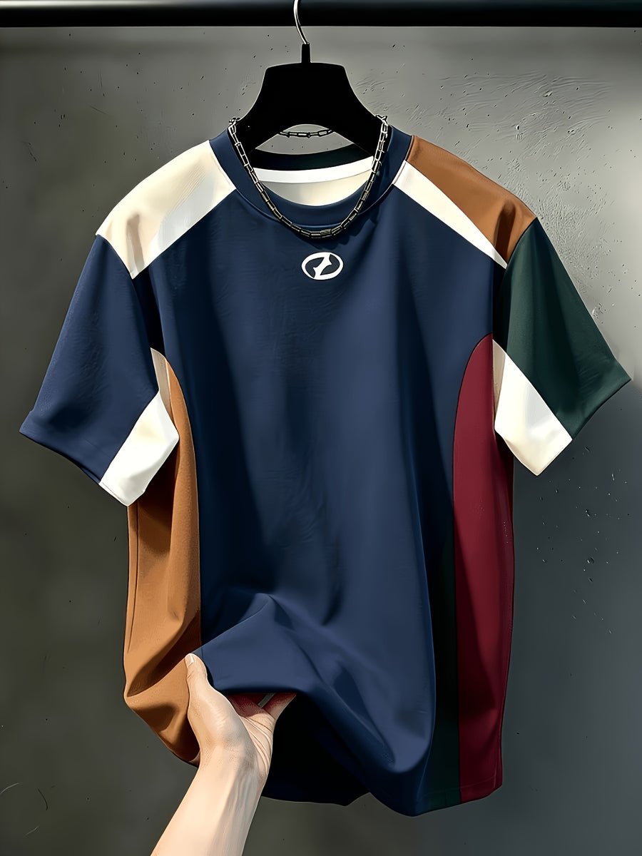 Printed Design, Non-textured Men's Casual Crew Neck T-shirt, Color-block Contrast Design, All-season Fashion Top, Breathable Regular Fit for Daily and Formal Wear - Crew Neck Casual Top, Comfortable to Wear, Gift for Teens and Adults, Pockets - Mixed colors