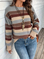 Women's Vintage Casual Sweater - Soft Medium-Stretch Round Neck Long Sleeve, Horizontal Striped Loose Fit Pullover for All-Season Comfort & Everyday Elegance, Cute Sweaters, Elegant Layering Piece, Durable Knitwear - Mixed colors