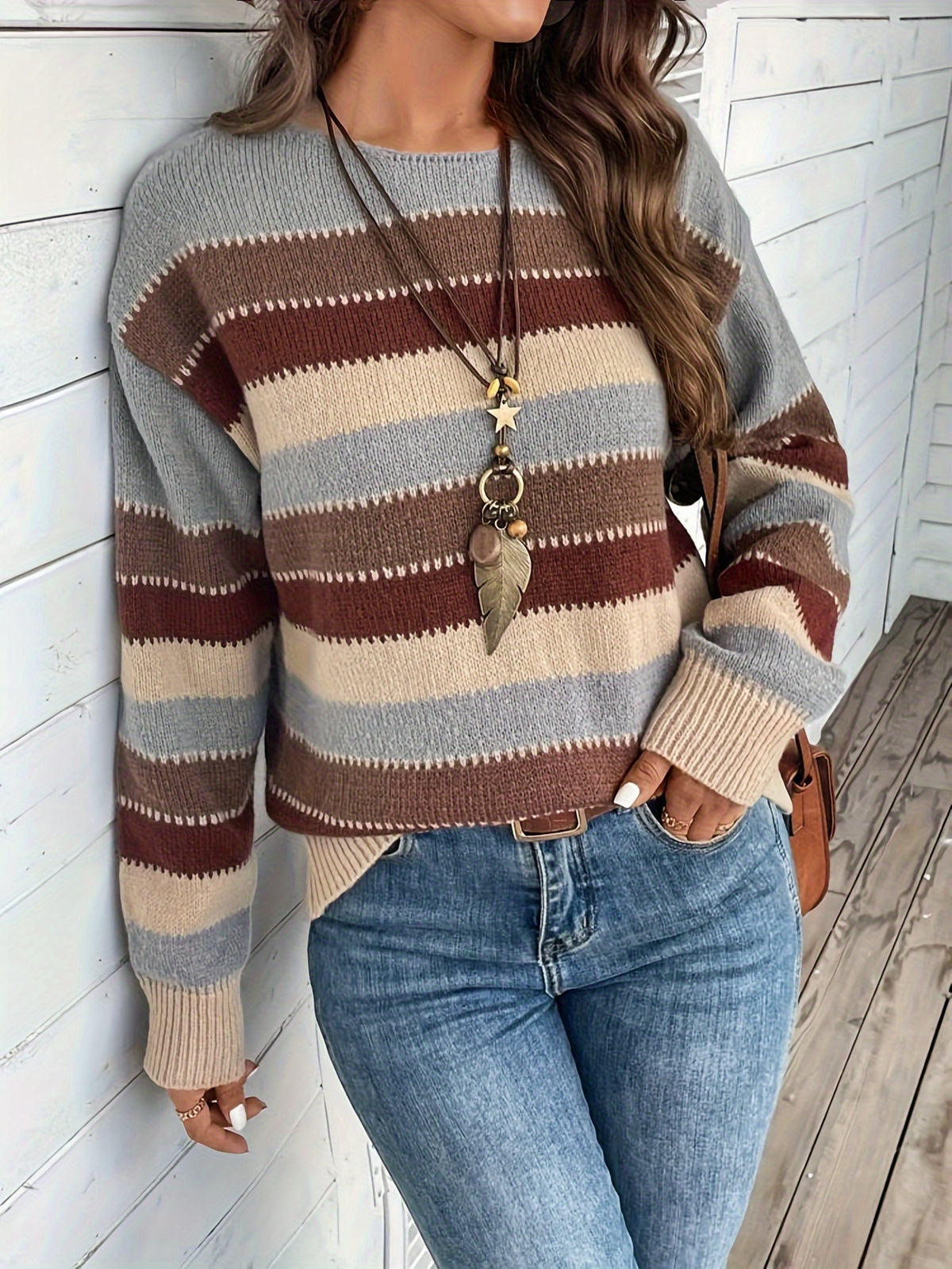 Women's Vintage Casual Sweater - Soft Medium-Stretch Round Neck Long Sleeve, Horizontal Striped Loose Fit Pullover for All-Season Comfort & Everyday Elegance, Cute Sweaters, Elegant Layering Piece, Durable Knitwear - Mixed colors