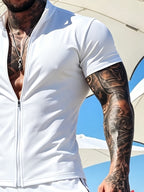 European Style Solid Color Men's Zipper Short Sleeve Cardigan, Stand Collar Slim Fit, Skin-Friendly Summer Basic Sport Short Sleeve Cardigan Sports Jacket - White