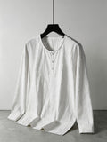 Summer Men'S Linen Henley Collar Long Sleeve Shirt, Half-Button Casual Loose Breathable Top, Beach Vacation Commute Leisure All-Match Men'S Shirt - White