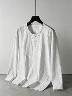Summer Men'S Linen Henley Collar Long Sleeve Shirt, Half-Button Casual Loose Breathable Top, Beach Vacation Commute Leisure All-Match Men'S Shirt - White