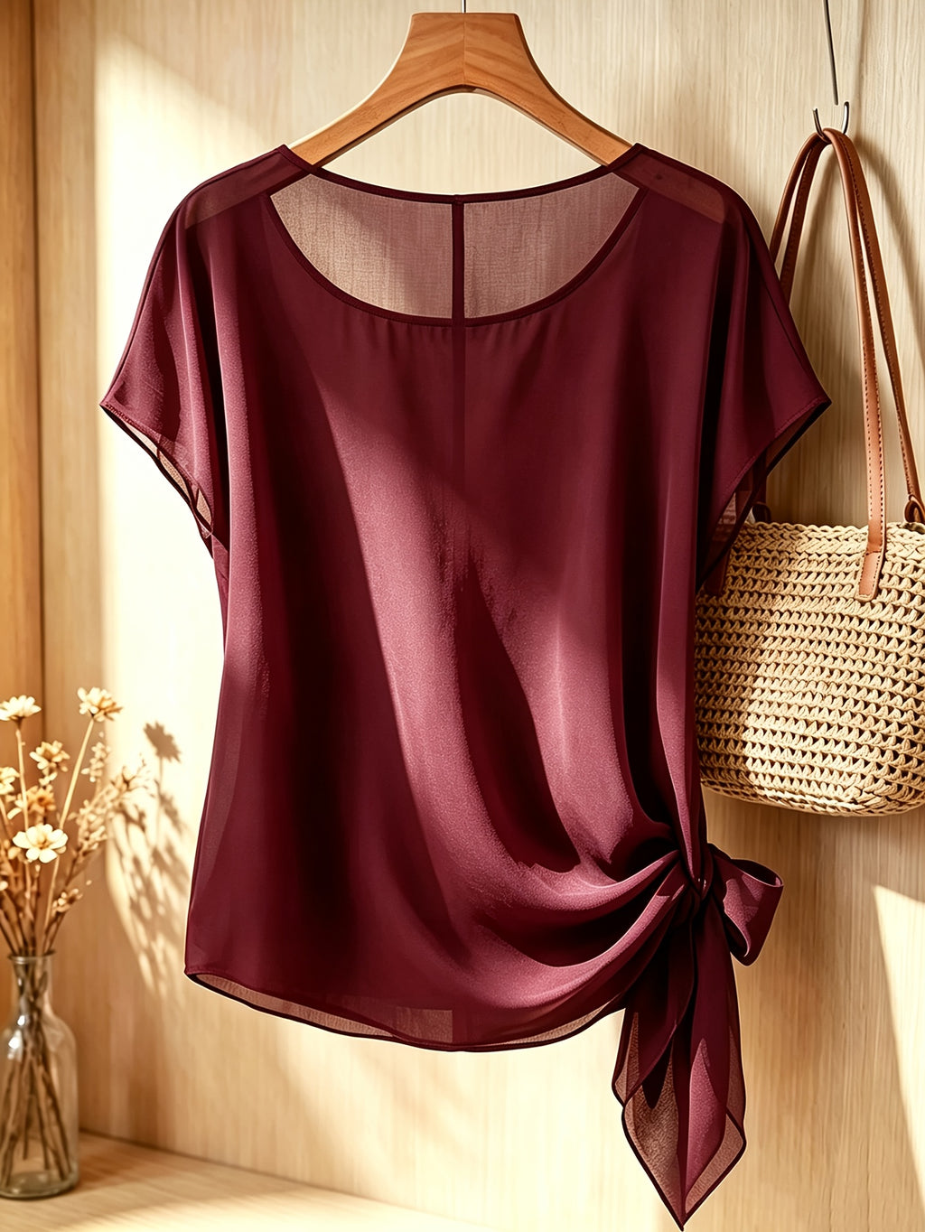 Spring Summer Women'S Fashion Ruffled Waist-Cinching Irregular Hem Temperament Elegant Style Chiffon Short Sleeve Top - Burgundy