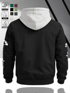 Fashion Casual Men'S Contrast Color Hooded Cardigan Long Sleeve Jacket, Letter Print, Comfortable And Versatile, Suitable for Autumn Winter JK5682, Sporty, Breathable, Regular Fit, Daily - Black