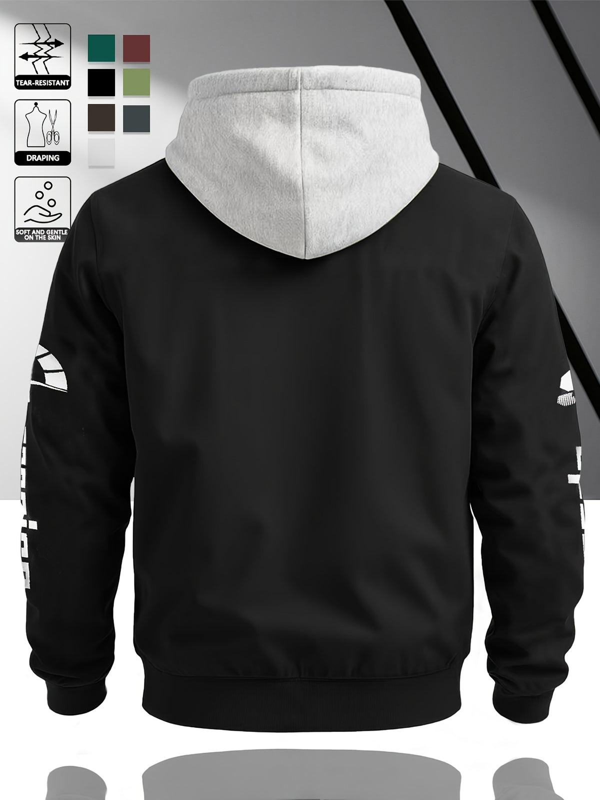 Fashion Casual Men'S Contrast Color Hooded Cardigan Long Sleeve Jacket, Letter Print, Comfortable And Versatile, Suitable for Autumn Winter JK5682, Sporty, Breathable, Regular Fit, Daily - Black