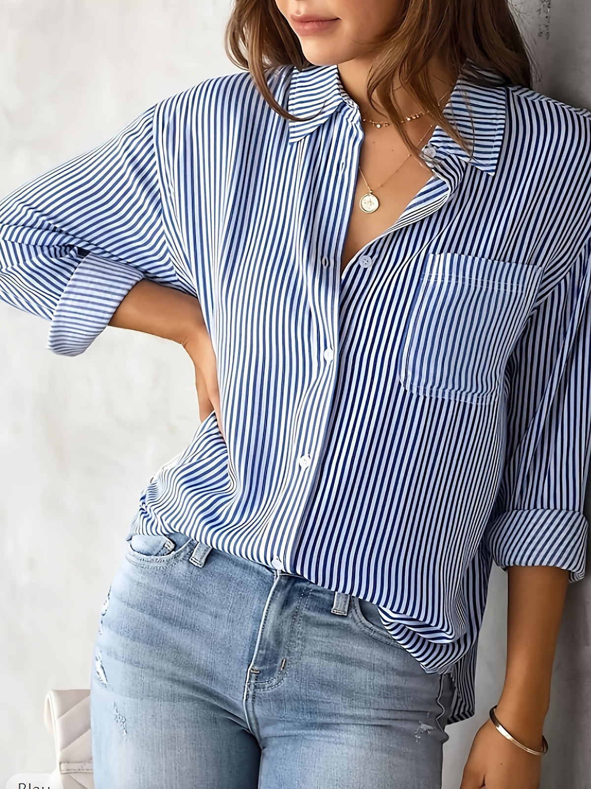 Beautiful Women's Shirt, Casual Striped Top, Long Sleeve Shirt with Collar, Button-Up Print, Regular Fit, Daily Wear for Summer and Spring - Royal Blue