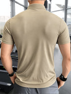 Men'S Muscular Fitness High-Elastic Training Quick-Dry Fitness Wear, Individual Print Patterns, Slim Fit Summer Casual Short Sleeve Shirt T-Shirt - Breathable Elastic Fabric, Stand-Up Collar Design with Open Chest Zipper - Khaki