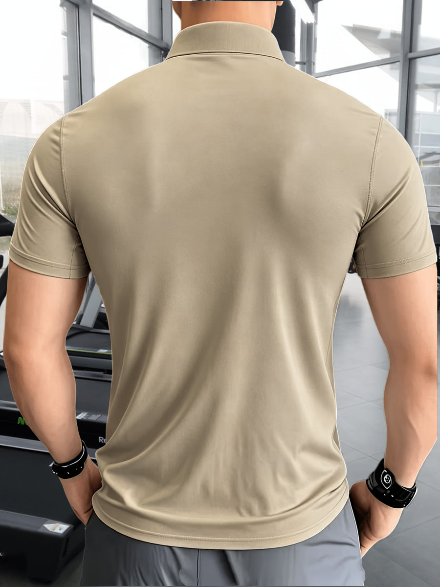 Men'S Muscular Fitness High-Elastic Training Quick-Dry Fitness Wear, Individual Print Patterns, Slim Fit Summer Casual Short Sleeve Shirt T-Shirt - Breathable Elastic Fabric, Stand-Up Collar Design with Open Chest Zipper - Khaki