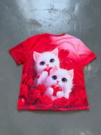 New Women'S T-Shirt with Digital Print of Two Fluffy White Kittens with Blue Eyes, Holding a Red Heart-Shaped Pattern, Surrounded by Red Roses And Heart Designs, Round Neck Short Sleeve Summer Top, Casual Outdoor Wear - Love Money
