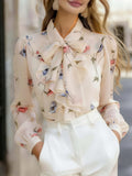 Women'S Elegant Floral Print Chiffon Sheer Summer Blouse, Office Casual Top for Outdoor Parties And Holidays - Beige