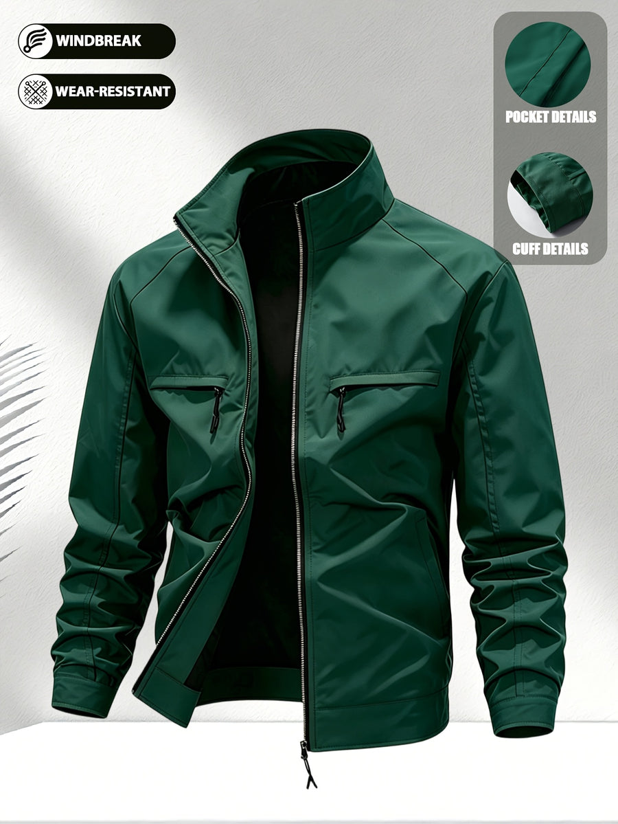 Men'S Solid Color Stand-Collar Jacket, Street Casual Campus Outing Style, Lightweight Windproof Practical Fabric, Minimalist All-Match Cargo Style, Spring/Autumn Standard Fit - 637 - Green