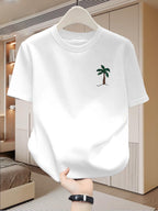 New Summer Men'S Pure White Round Neck Short Sleeve T-Shirt with Left Chest Easy Palm Tree Small Print Vacation Style Casual Loose Breathable Daily Commute All-Match Short Sleeve T-Shirt Top - White
