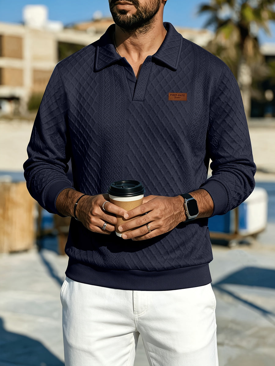 Premium Rhombus Men's Long Sleeve Polo Shirt with Notched Lapel and Small V-Neck Design, a Top for Men's Commuting and Party Wear (Texture Random) - Navy Color
