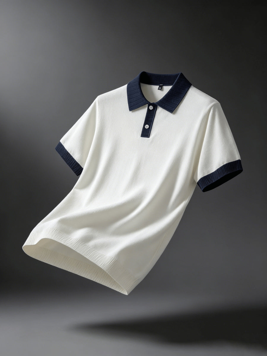 Men's Contrast Navy Blue Lapel Short-Sleeve Knit Polo Shirt, Four Seasons Business Casual Versatile Short-Sleeve Top - Blue And White