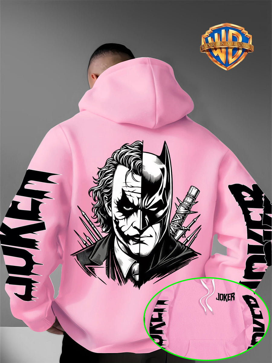 Men'S Warner DC Comics Enthusiast Autumn Winter Hooded Sweatshirt, Batman Joker Half-And-Half Black White Sketch Double-Sided Print Loose Casual Hoodie, Suitable for Superhero Fans, Campus Daily Outings, Casual Shopping - Pink