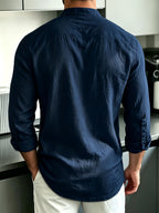 [Know And Give OBM] Men'S Solid Color Stand-Collar Linen Long Sleeve Shirt, Semi-Open Front Design, Roll-Up Sleeve Style | Casual Commute, Short Vacation, Leisure Gatherings | Men'S Versatile Top - Navy Color