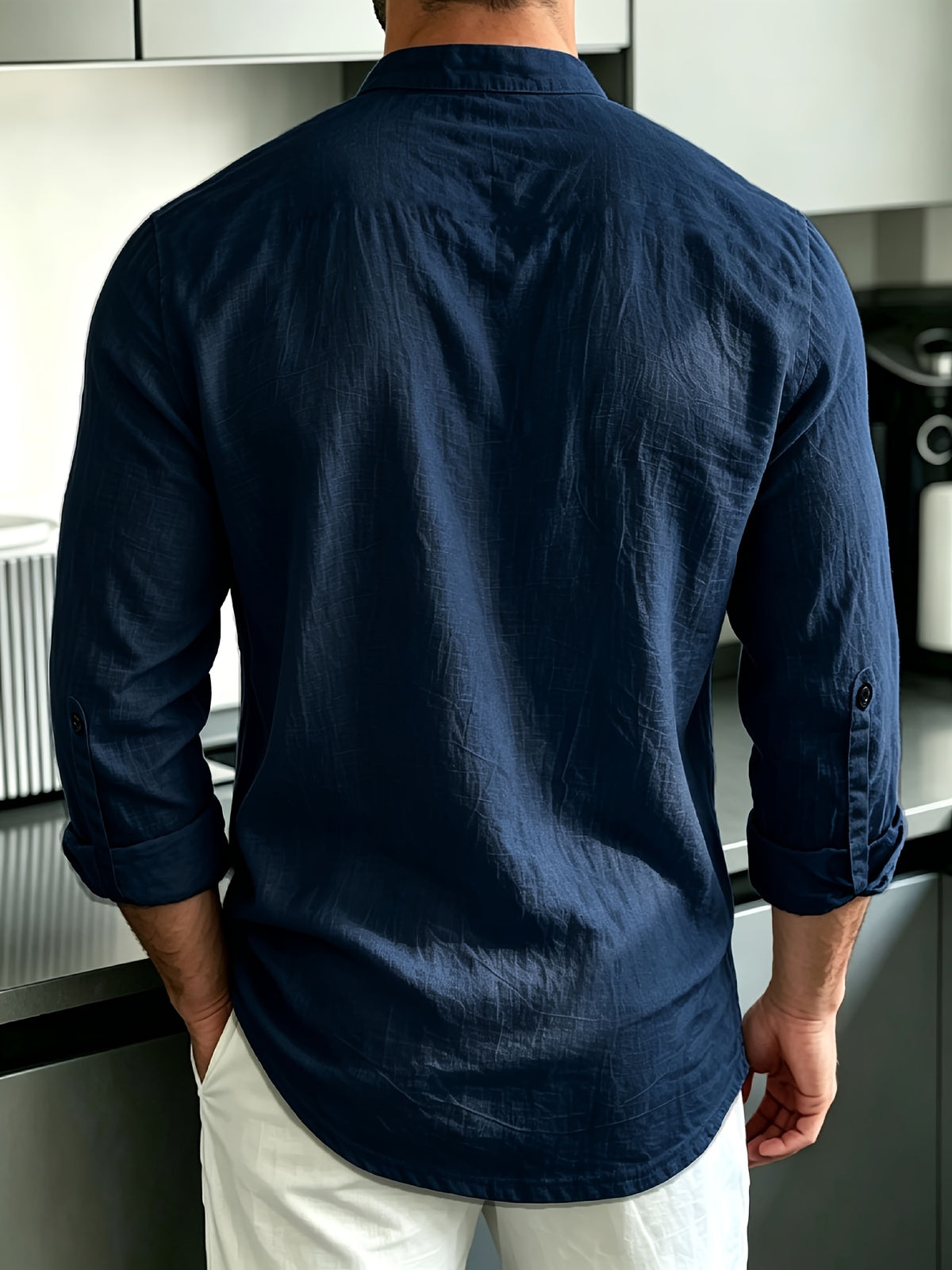 [Know And Give OBM] Men'S Solid Color Stand-Collar Linen Long Sleeve Shirt, Semi-Open Front Design, Roll-Up Sleeve Style | Casual Commute, Short Vacation, Leisure Gatherings | Men'S Versatile Top - Navy Color