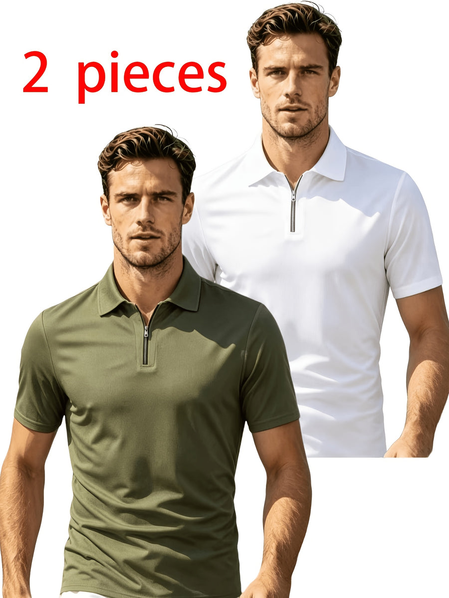 2pcs Men'S Short Sleeve Casual Athletic Polo Shirt Set, Zipper Collar, Comfortable And Breathable, Original Design - Army Green Plus White
