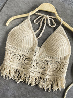Women's Bohemian Fringe Backless Lapel Collar Outerwear, Embroidered Fringe Tassel Halter Neck Crop Vest, Suitable for Vacation, Beach, Dating, Romance, Valentine's Day, Concerts, Performances, Dates, Sexy, Elegant, Commuting, Back to - Apricot