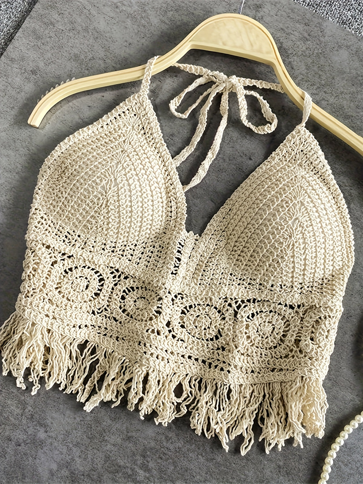 Women's Bohemian Fringe Backless Lapel Collar Outerwear, Embroidered Fringe Tassel Halter Neck Crop Vest, Suitable for Vacation, Beach, Dating, Romance, Valentine's Day, Concerts, Performances, Dates, Sexy, Elegant, Commuting, Back to - Apricot