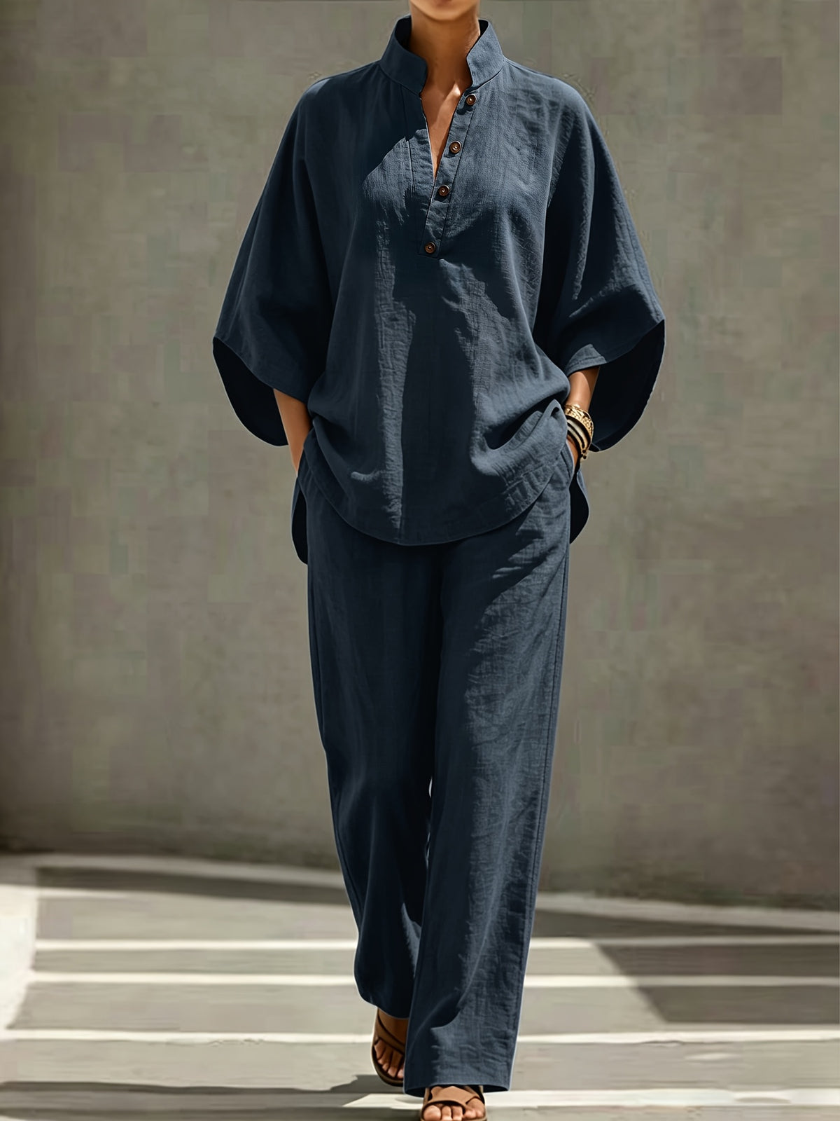 [PLMM] Spring Autumn Winter Women'S Fabric Button Short Collar Fashion Casual Two-Piece Long Pants Set - Navy Color