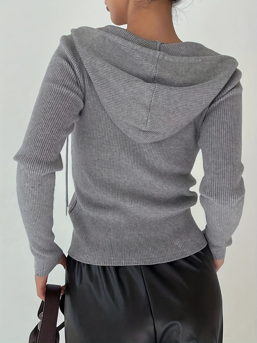 Women's Slim-Fit Solid Color Hooded Long Sleeve Casual Jacket - Slate Grey