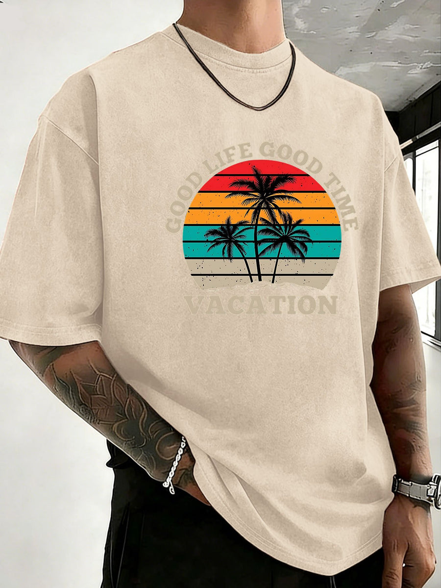 Loose Short Sleeve T-Shirt Men'S Heavyweight Pure Washed Distressed Top Trendy Double-Sided Print 12 Colors Free to Match Street Hip-Hop Style Casual Outing Sports Fitness Commuting Couple Style American Street Short Sleeve - Apricot
