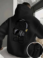 Men's New Trendy Hoodie, Casual Daily Drawstring Hooded Sweatshirt with MUSIC Print, Headphones, Front Kangaroo Pocket, Men's Top - Black