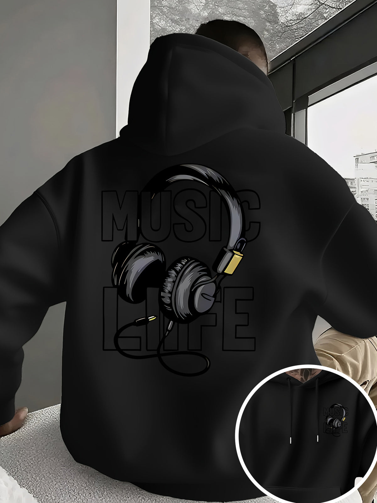 Men's New Trendy Hoodie, Casual Daily Drawstring Hooded Sweatshirt with MUSIC Print, Headphones, Front Kangaroo Pocket, Men's Top - Black