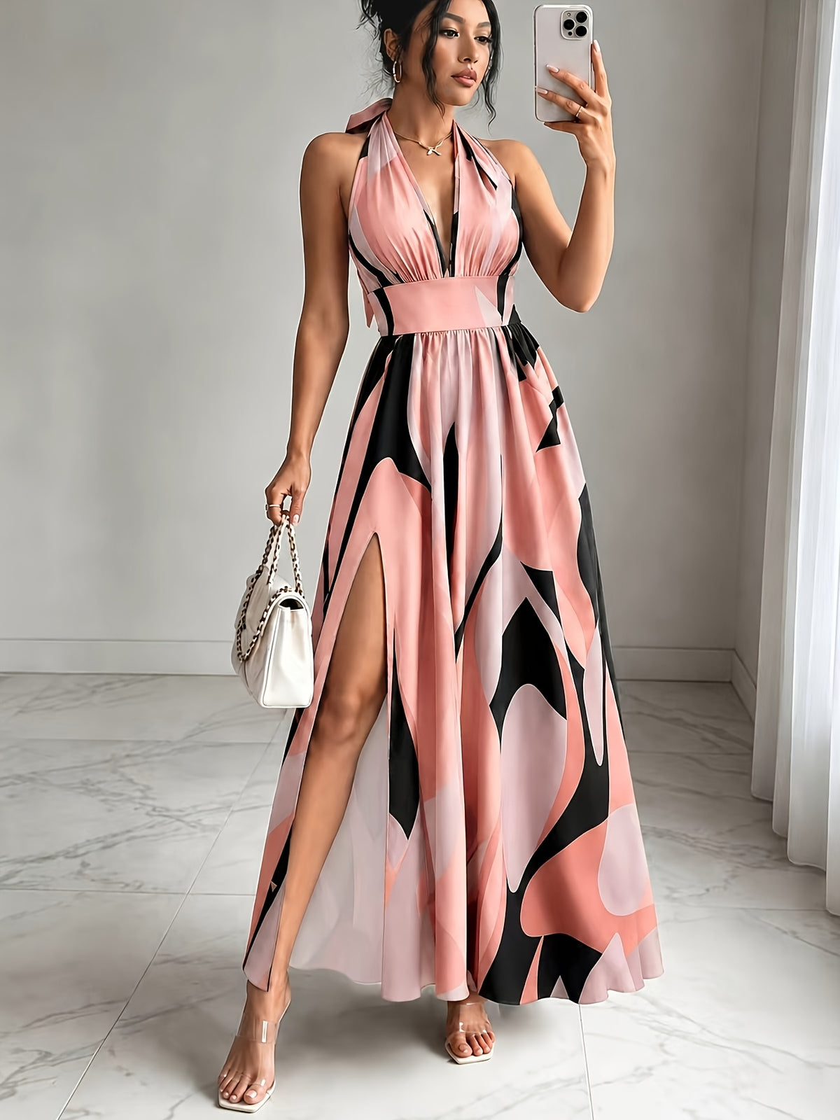 New French-Style Casual Elegant Sexy High-End Design V-Neck Backless Spaghetti Strap Waist-Revealing A-Line Slit Sleeveless Long Dress, Red and Green Floral Print, High-Quality Exquisite Women's Clothing - Pink